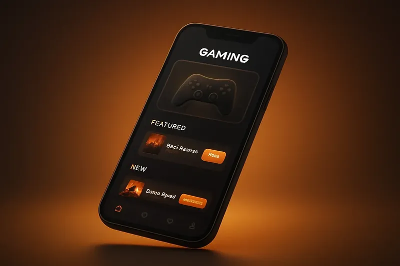 Sleek modern smartphone floating with premium gaming app UI and dark-themed interface