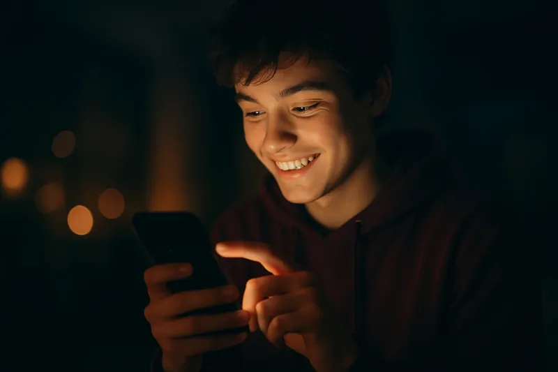 Young person smiling while tapping phone in warm light with moody bokeh background