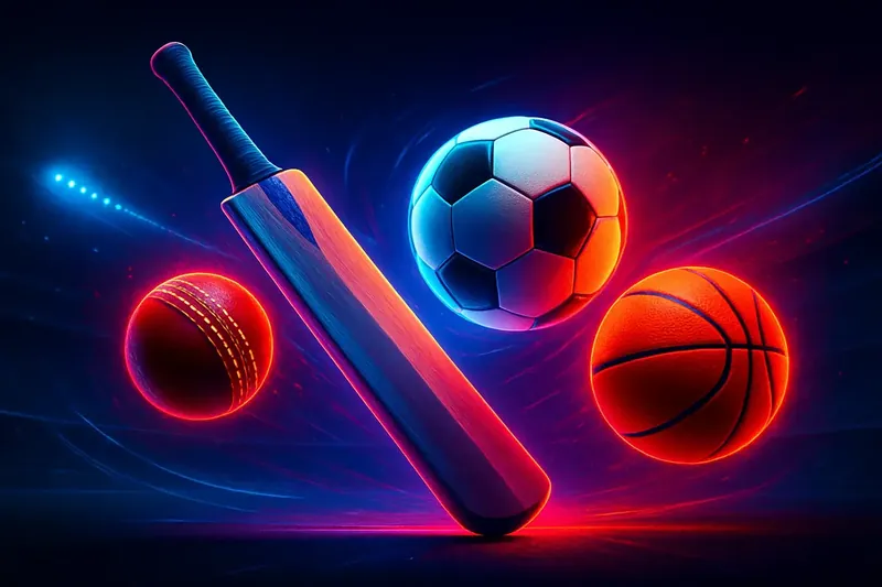 Cricket bat, ball, football, and basketball floating with neon lighting on dark stadium background