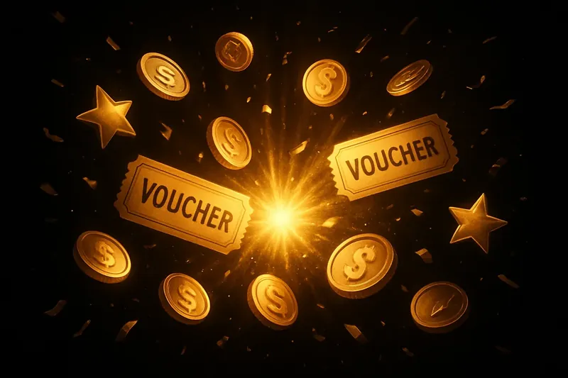 Golden coins, vouchers, and stars bursting with confetti on dark background