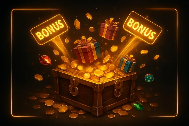 Golden treasure chest bursting with coins, gems, gifts, and glowing bonus tags