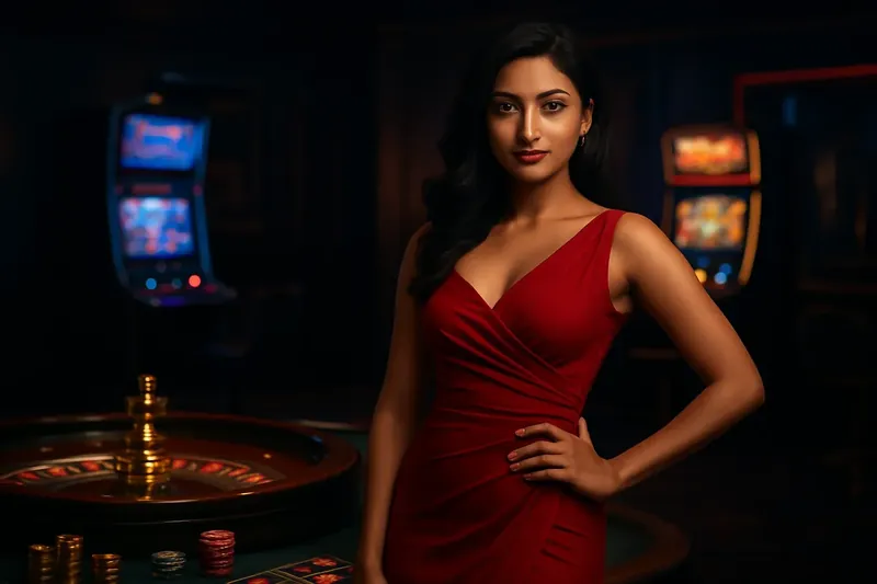 Elegant Casino Banner Beautiful woman in red dress standing near roulette and slot machines with gold coins and poker chips in a luxury Bangladeshi casino atmosphere
