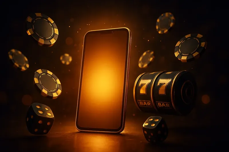Luxury Casino Mobile Banner Glowing smartphone with casino chips, slot reels, and dice on dark gold festive background