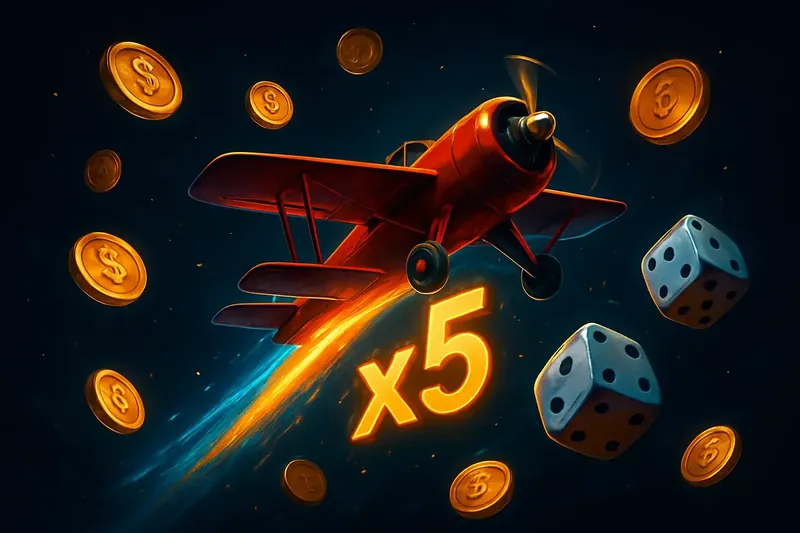Red airplane soaring with multiplier trail, golden coins and dice, neon blue and gold accents, high-energy mobile game art