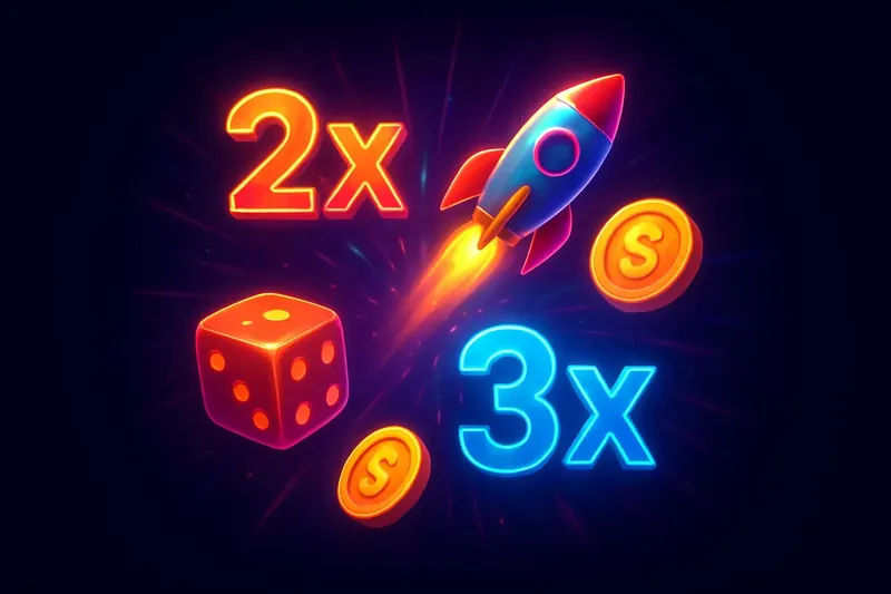 Colorful instant game icons with multiplier symbols, rocket, dice, and coins exploding in neon light