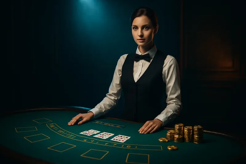Professional female dealer at green felt table with golden chips in dramatic live casino setting