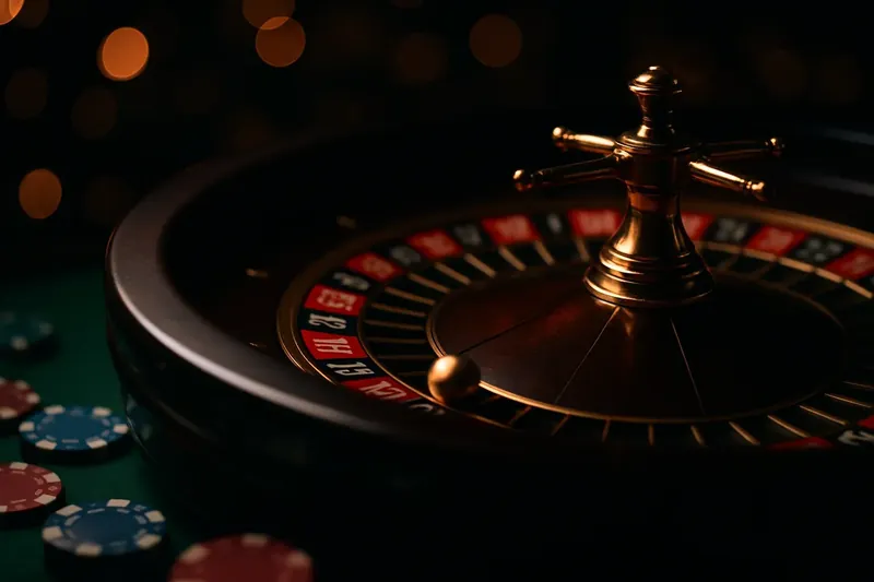 Spinning roulette wheel with golden ball, green felt, and casino chips in premium dark atmosphere
