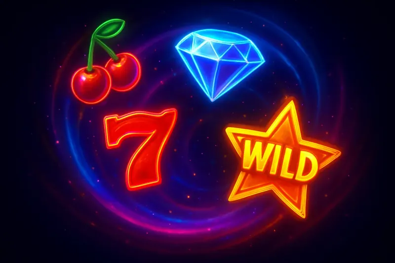Vibrant slot symbols like cherries, diamonds, sevens, and wild stars glowing in a magical neon swirl