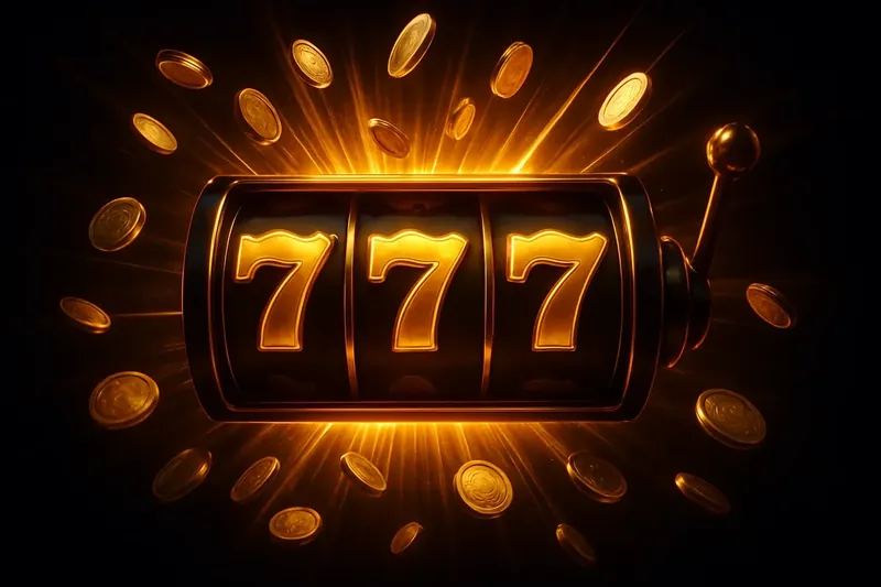 Slot machine reels with golden 777 symbols, coins and neon lights bursting in a winning moment